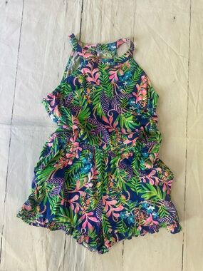 Lilly Pulitzer Navy, Pink & Green Tropical Girls Romper size large 8-10